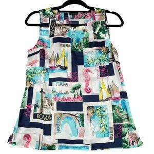 Talbots Postcard-Print Sleeveless Whimsical Fun Colorful Tank Top Shell - Sz XS